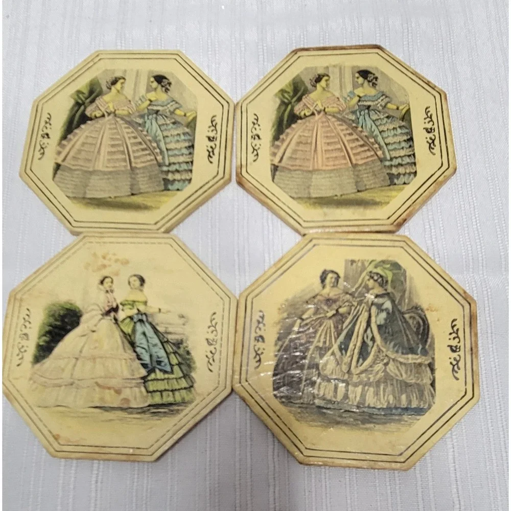 Coaster Set Vintage Victorian Fashion with Black Metal Caddy Octagon Shape